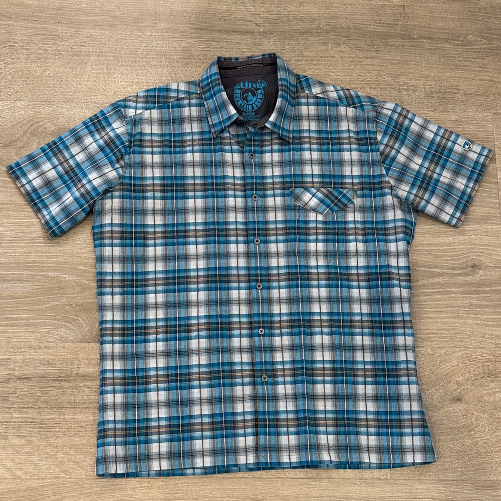 Kuhl Men's Teal and Gray Plaid Button Down Shirt Size XL